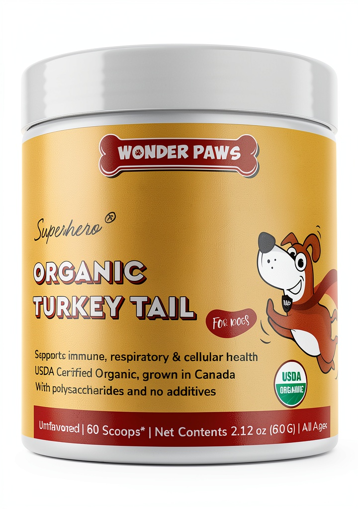 Wonder Paws Turkey Tail Mushroom Powder package on a pet feeding bowl