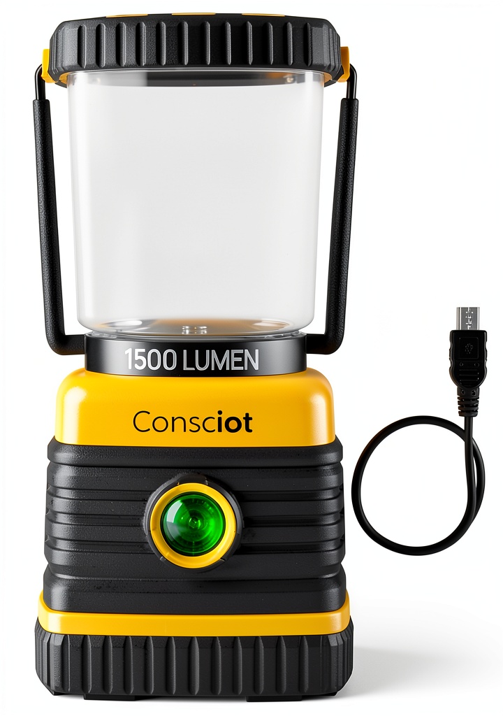 'Consciot LED lantern illuminating a campsite at night'