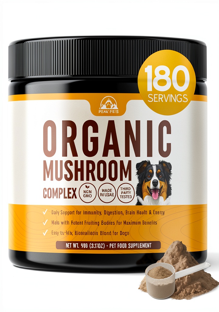 Peak Pets Dog Mushroom Supplement Immune Support Powder being measured on a kitchen counter