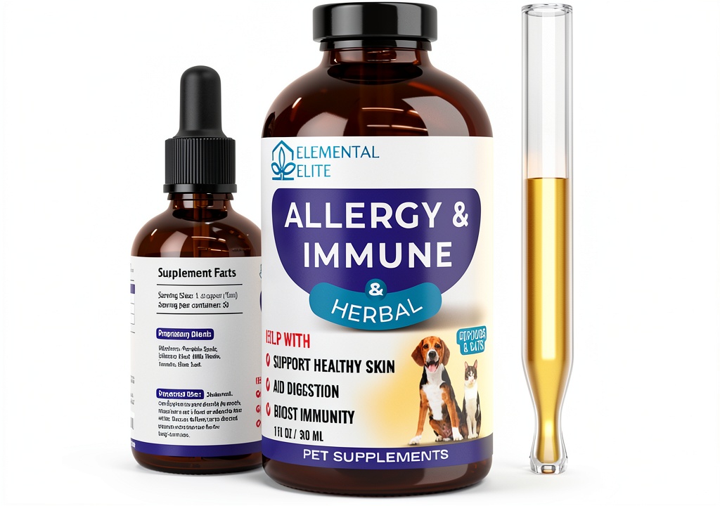 Eduzebra pet allergy drops bottle with dropper on a pet food bowl