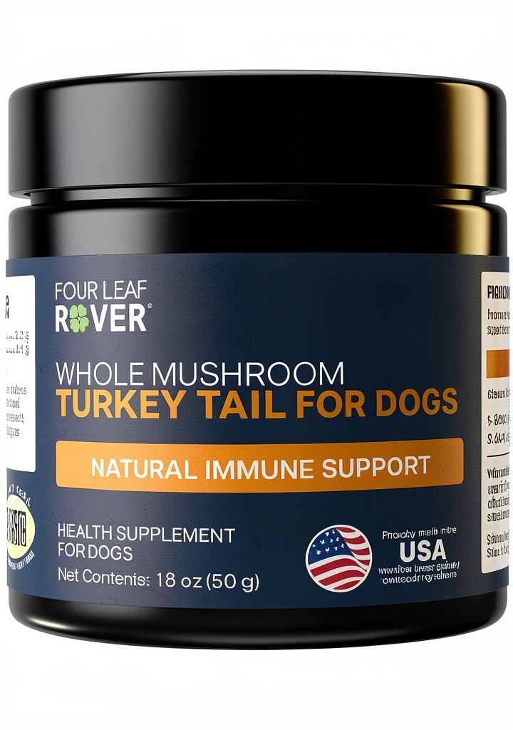 Four Leaf Rover Turkey Tail mushroom supplement packaging and powder