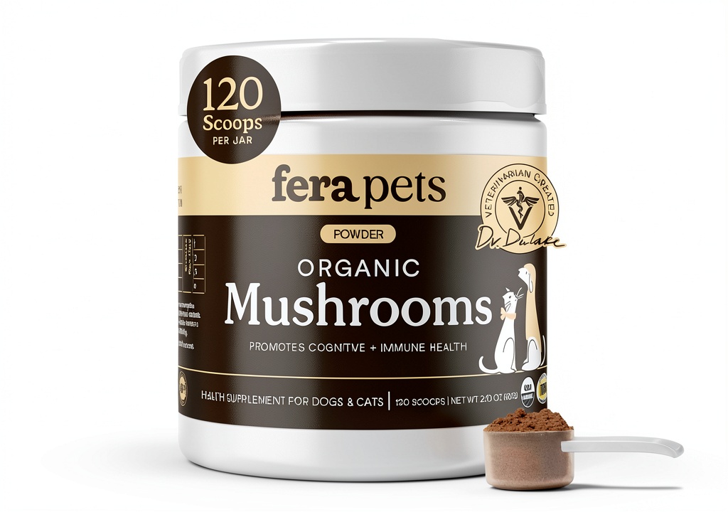 Fera Pet Organics mushroom supplement powder jar with scoop on a pet-friendly surface