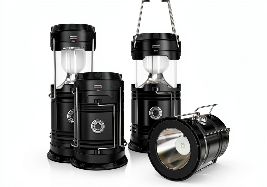 DIBMS Collapsible LED Lantern set up on a campsite table beside a sleeping bag
