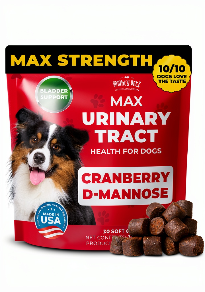 Mighty Petz urinary chews for dogs displayed on a clean surface