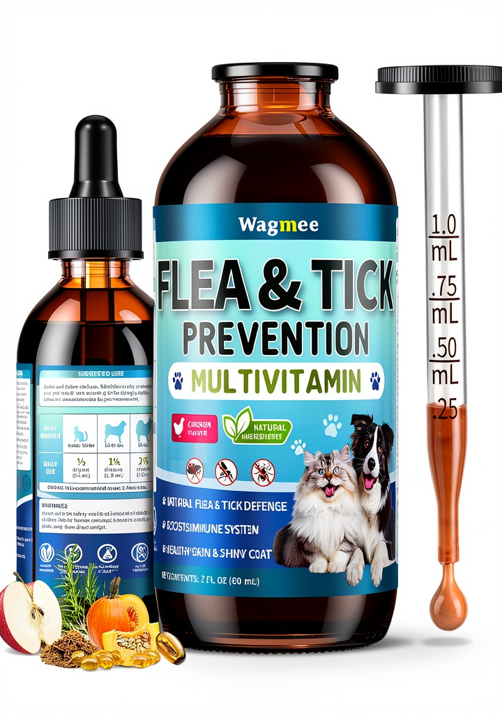 Wagmee herbal flea drops bottle with dropper on a pet feeding bowl
