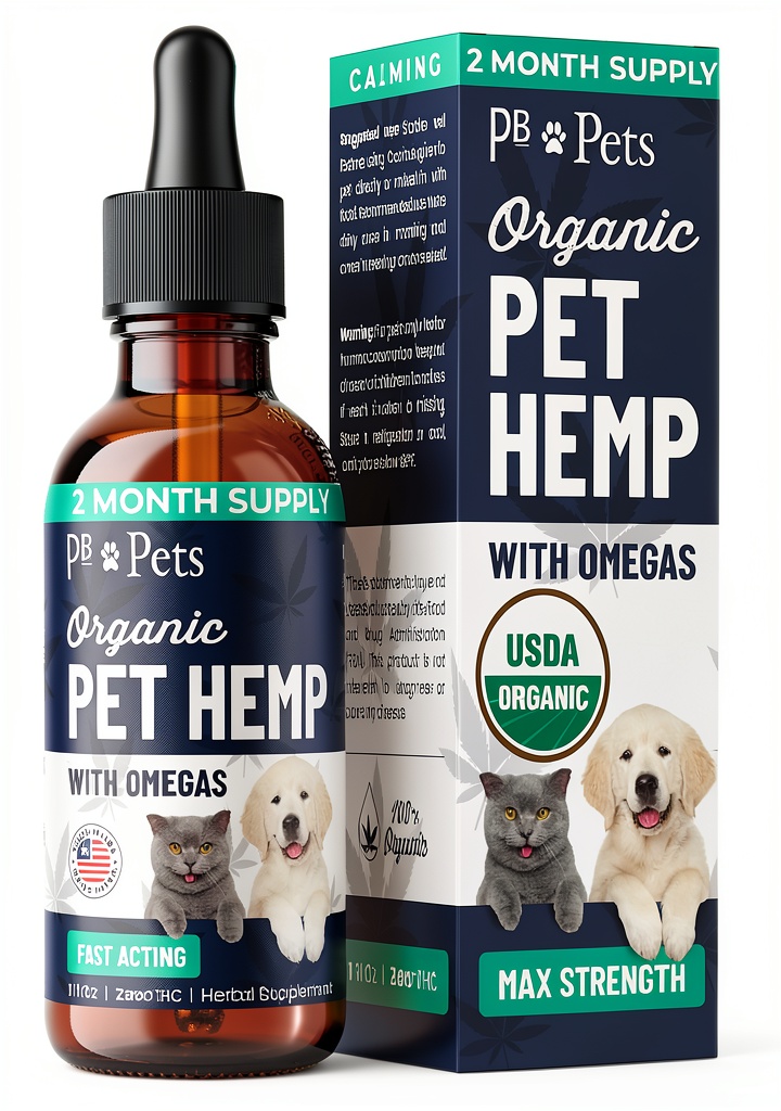 PB Pets Pet Relief Hemp Oil bottle displayed with a calm dog
