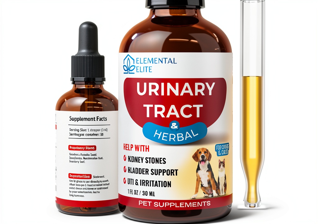 Eduzebra urinary supplement bottle next to a dog bowl
